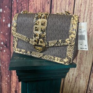 Michael Kors Brown & Tan Snake-Trim Crossbody with Gold Stud Accents